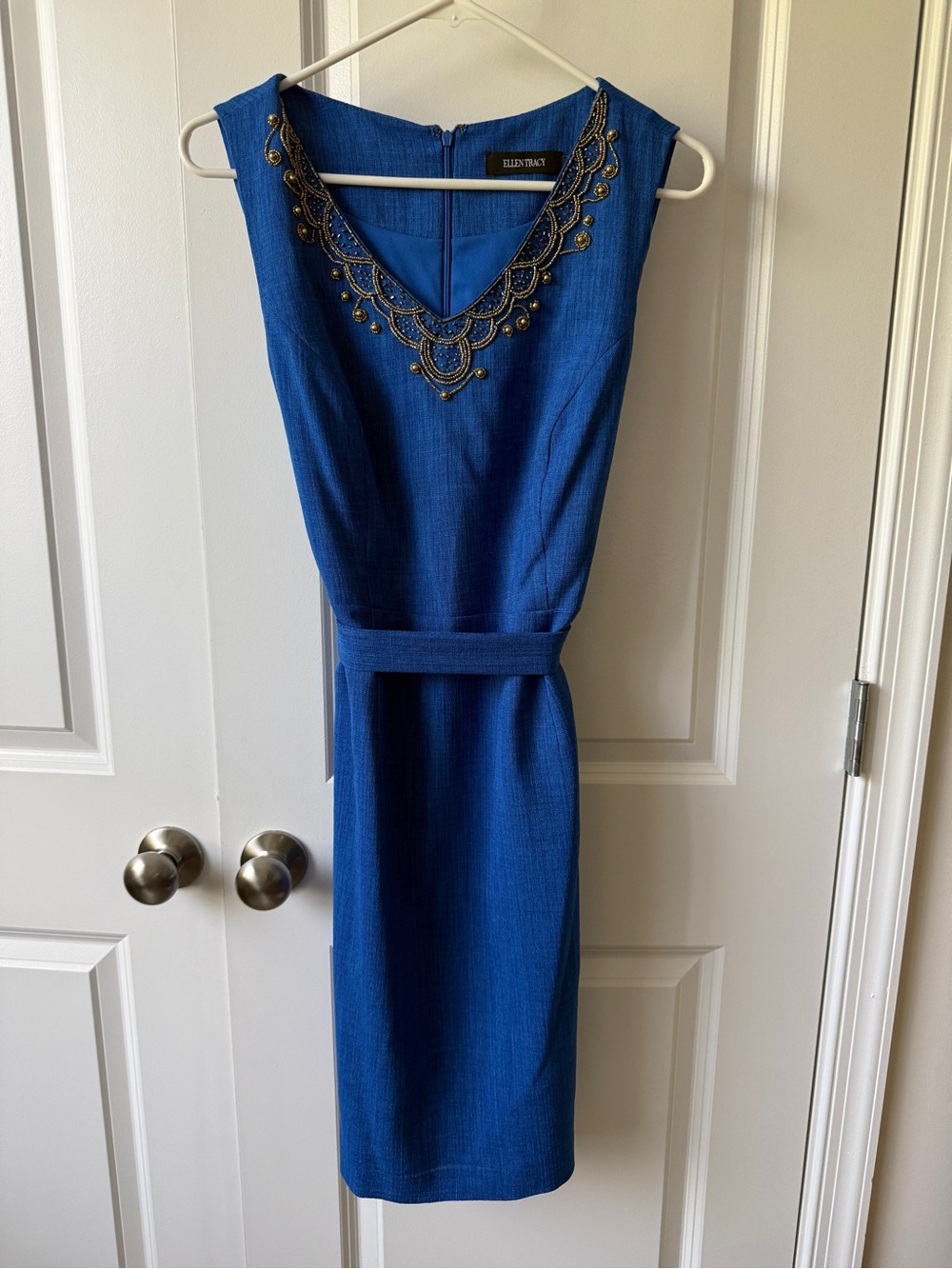 Ellen Tracy Blue Sheath Dress with Beaded Neckline